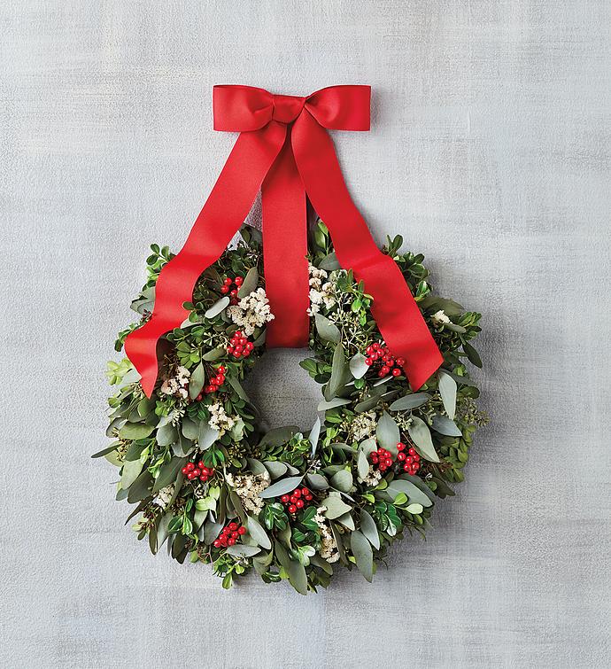 Holiday Boxwood and Red Berry Wreath
